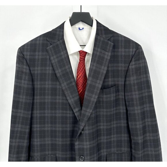 jacket blazer sport coat plaid lightweight business 2 btn gray 43R - Picture 4 of 8